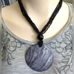 Elegant Black Beaded Multi Strand Necklace with Large Gray Shell Pendant Vintage